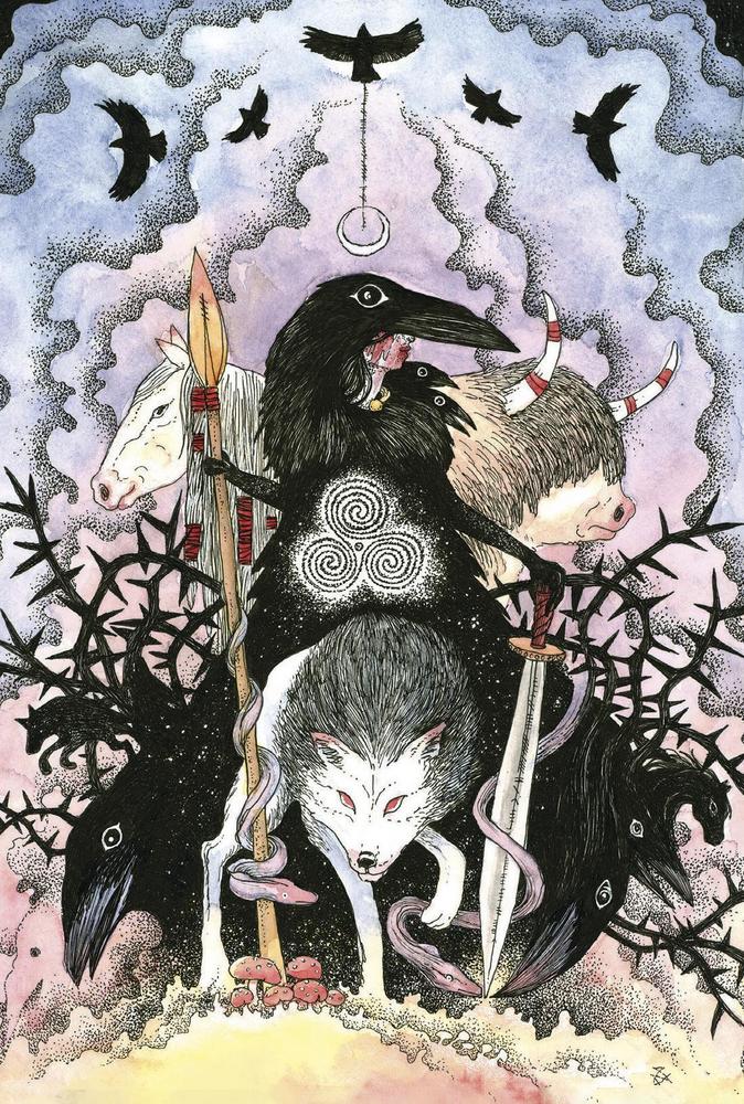 Mystical raven with spiral symbol, surrounded by wolves, crows, and thorns — tarot art for spiritual practice