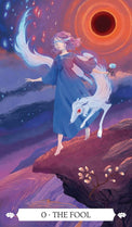 The Fool tarot card: mystical figure with white fox on cliff, cosmic sky, spiritual journey symbolism