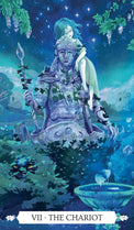 The Chariot tarot card, mystical warrior with moon armor, starry night, crystal fountain, spiritual symbolism