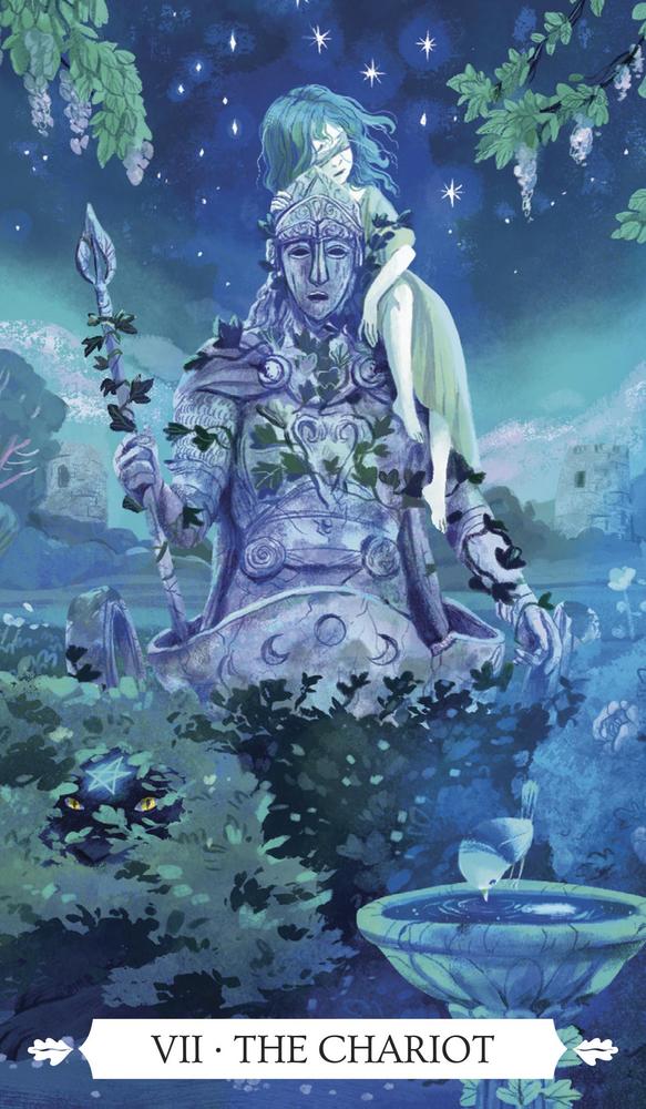 The Chariot tarot card, mystical warrior with moon armor, starry night, crystal fountain, spiritual symbolism