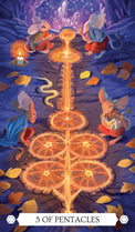 5 of Pentacles tarot card with mice, glowing pentacles, crystals, and autumn leaves in mystical forest setting