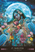 Tarot card 17 Shelter Full Moon with moon, flowers, and blue herons, mystical spiritual art
