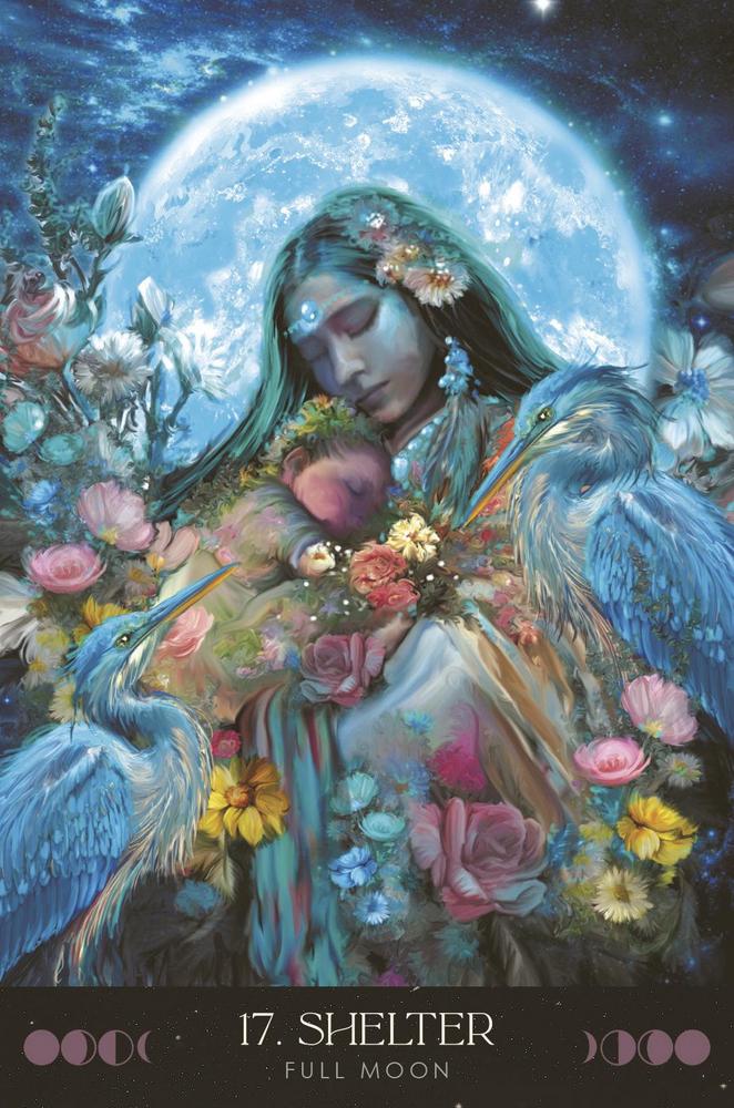Tarot card 17 Shelter Full Moon with moon, flowers, and blue herons, mystical spiritual art