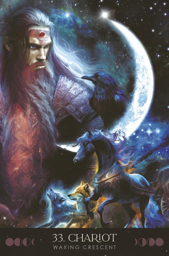 Chariot tarot card with bearded mystic, raven, horse, and crescent moon under starry sky