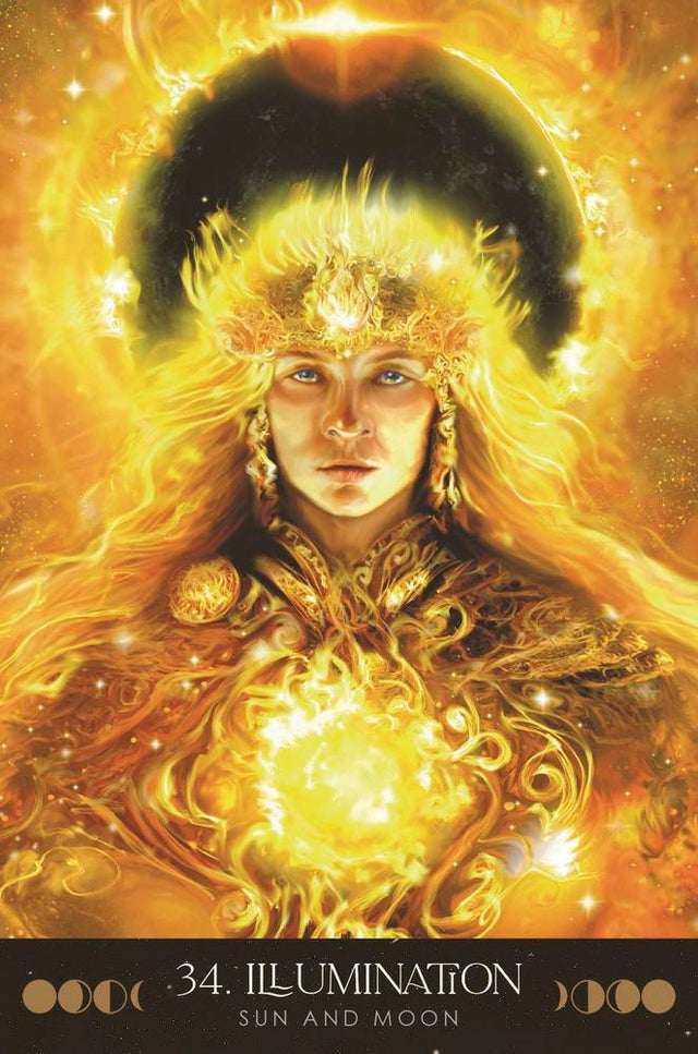 Illumination tarot card with radiant golden figure, sun and moon symbols, mystical energy glow