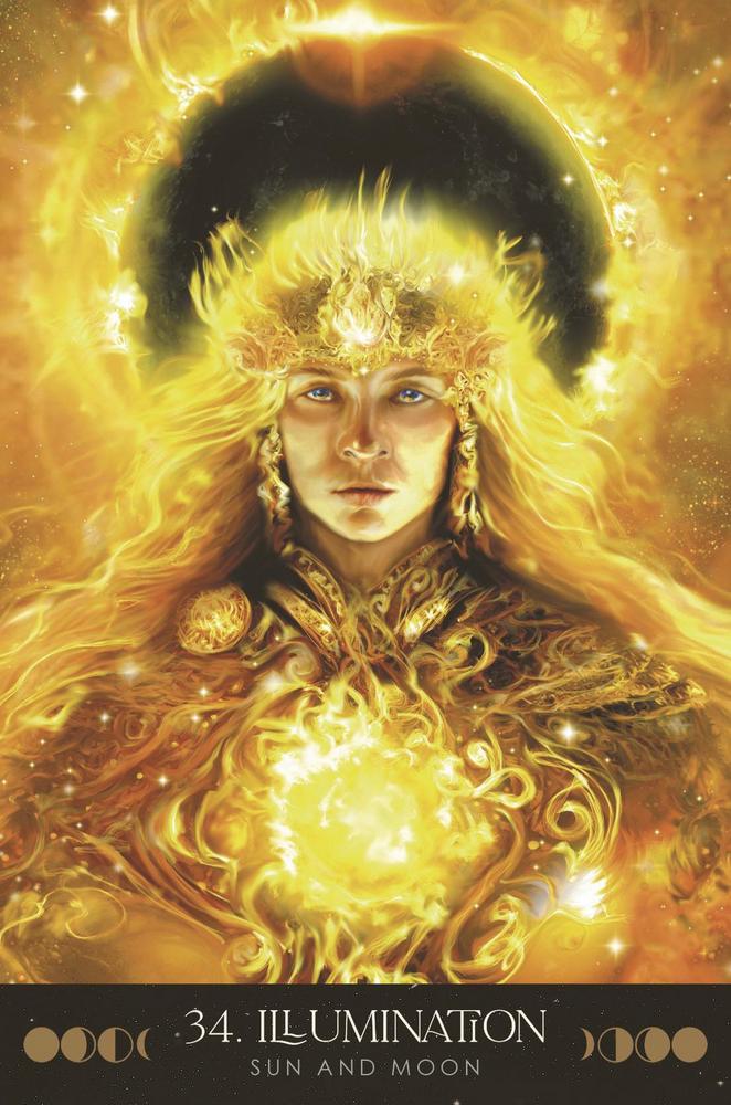 Illumination tarot card with radiant golden figure, sun and moon symbols, mystical energy glow