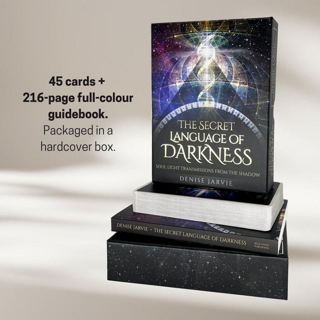 The Secret Language of Darkness tarot deck with 45 cards, 216-page guidebook, cosmic design, packaged in hardcover box