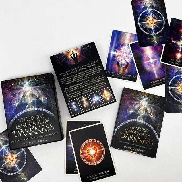 The Secret Language of Darkness tarot deck by Denise Jarvie, featuring cosmic, spiritual card designs for shadow work and intuition.