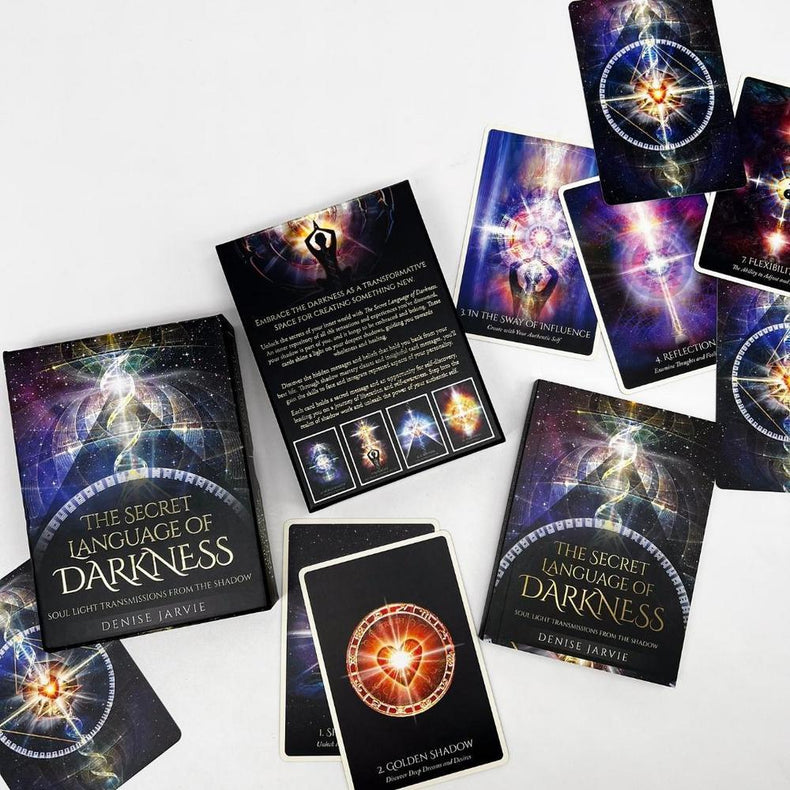 The Secret Language of Darkness tarot deck by Denise Jarvie, featuring cosmic, spiritual card designs for shadow work and intuition.