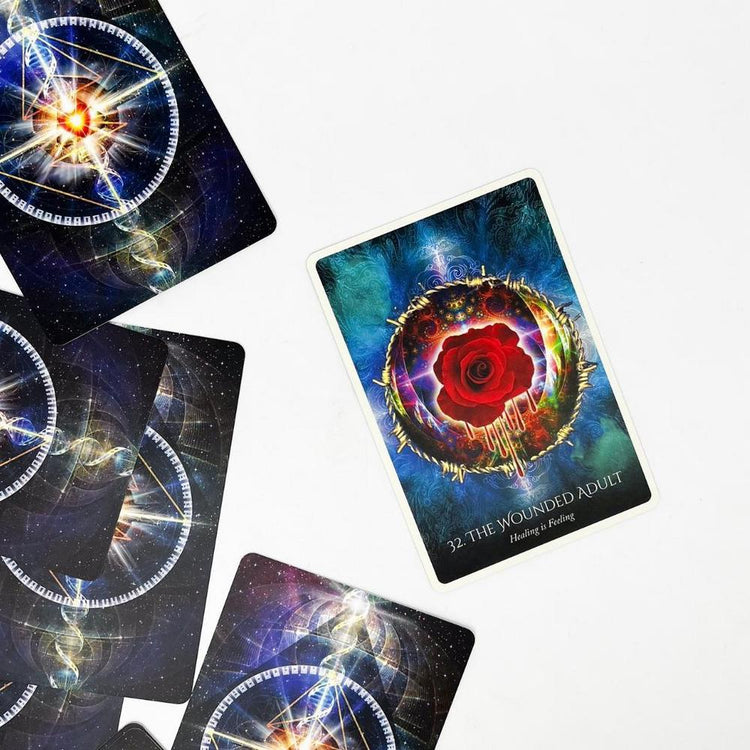 Tarot card 'The Wounded Adult' with red rose, cosmic design, spiritual healing art for metaphysical practice