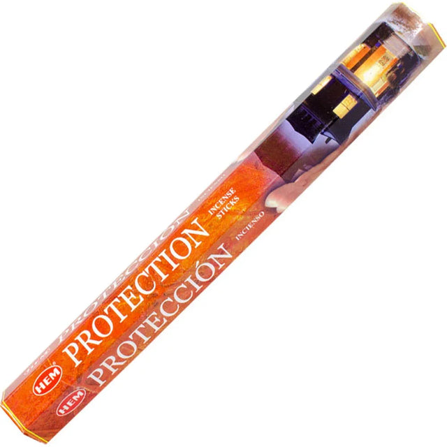 HEM Protection incense sticks box with orange packaging and bilingual English-Spanish label