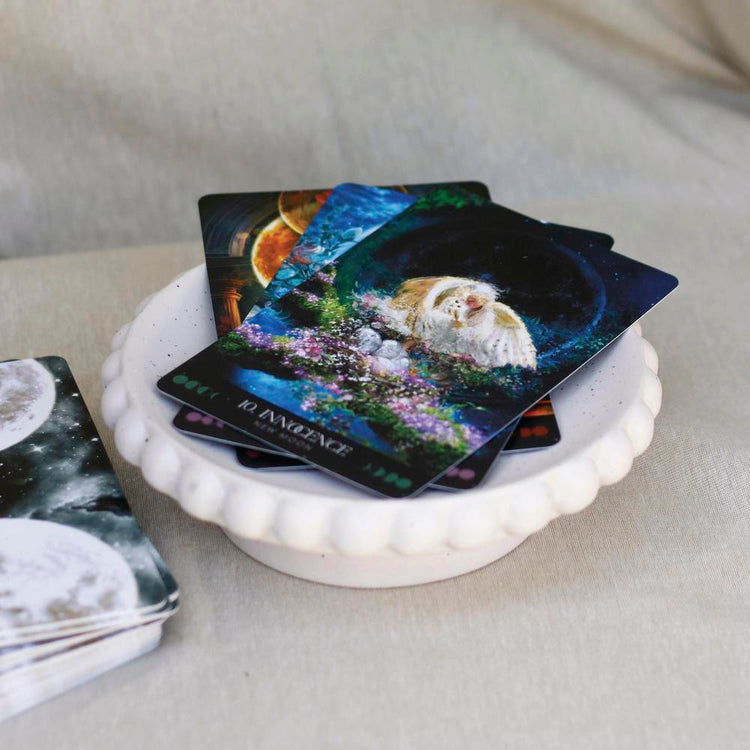 Tarot cards with owl and moon imagery, spiritual deck for divination and intuition