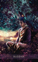 Buddha meditating under blossoming tree, spiritual art for tarot and healing spaces