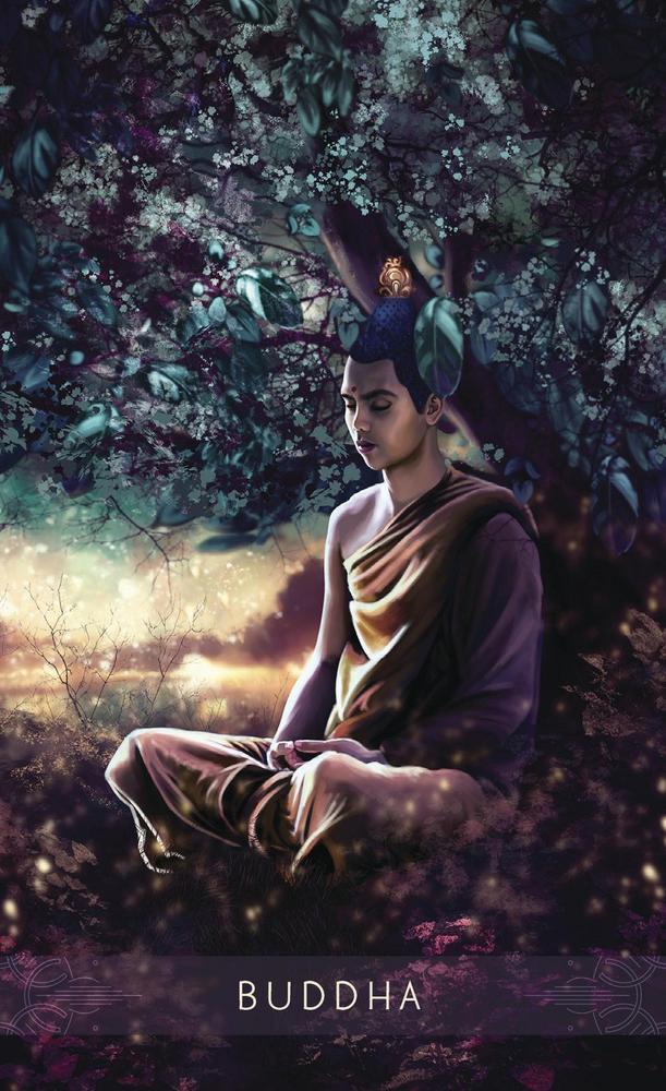 Buddha meditating under blossoming tree, spiritual art for tarot and healing spaces