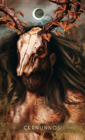 Cernunnos tarot card with antlered skull, autumn leaves, and eclipse—mystical art for spiritual practice