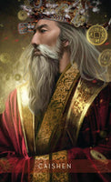 Caishen, Chinese god of wealth, depicted with long white beard, ornate crown, and golden coins, symbolizing prosperity and abundance.