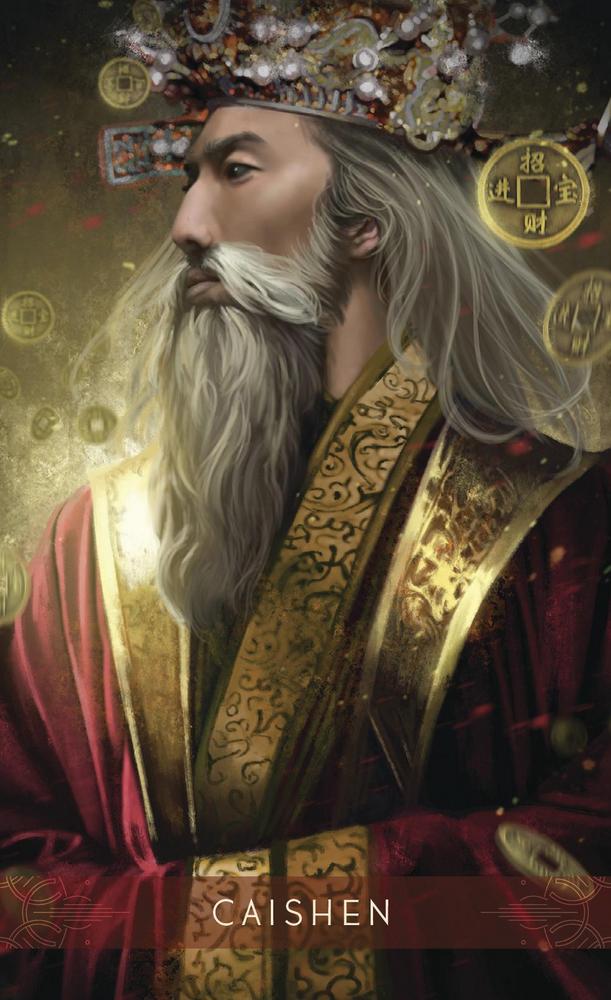 Caishen, Chinese god of wealth, depicted with long white beard, ornate crown, and golden coins, symbolizing prosperity and abundance.