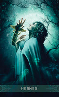 Hermes tarot card with winged staff, mystical forest, spiritual energy — ideal for metaphysical practices