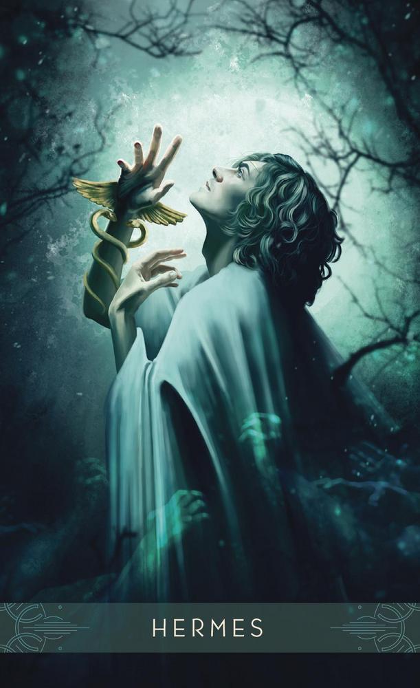 Hermes tarot card with winged staff, mystical forest, spiritual energy — ideal for metaphysical practices