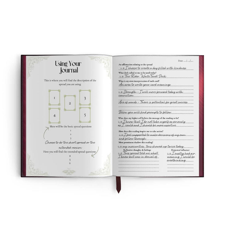 Open tarot journal with card spread guide and handwritten tarot reading notes, metaphysical theme