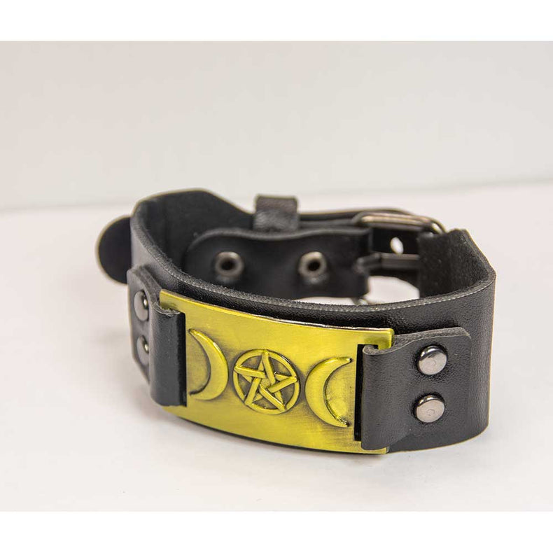 Black leather bracelet with gold triple moon and pentacle symbol, metaphysical jewelry