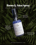 Awaken Your Intuition room and aura spray bottle with purple liquid on green fern leaves