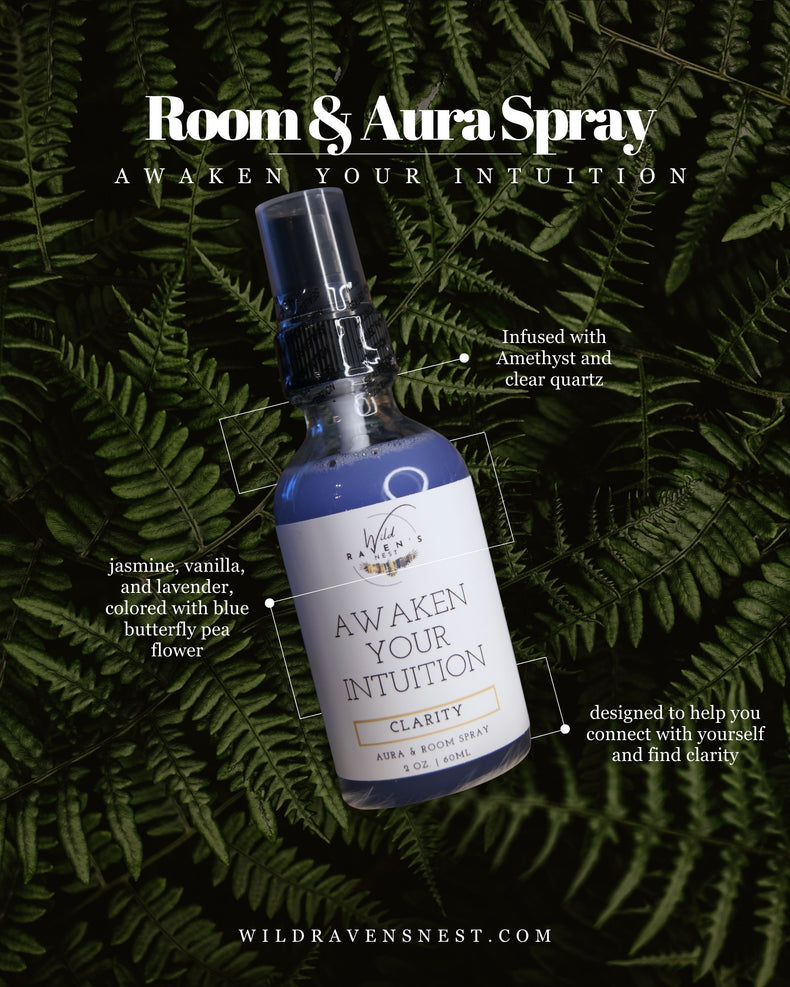 Awaken Your Intuition room and aura spray bottle with purple liquid on green fern leaves