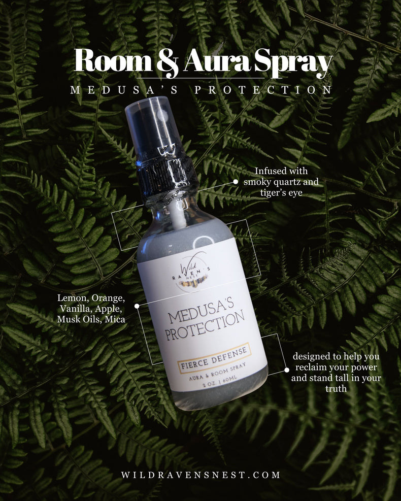 Medusa's Protection room and aura spray bottle with herbal ingredients on ferns background