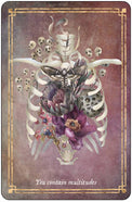 Tarot card with ribcage, skulls, flowers, moth, and text 'You contain multitudes'