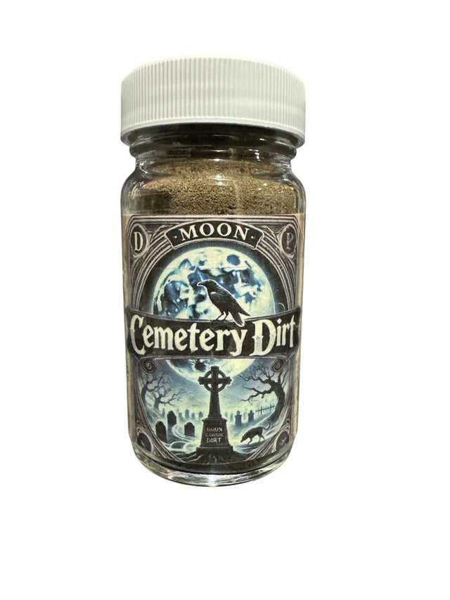 Cemetery Dirt spiritual powder in glass jar with moon and raven label for metaphysical rituals