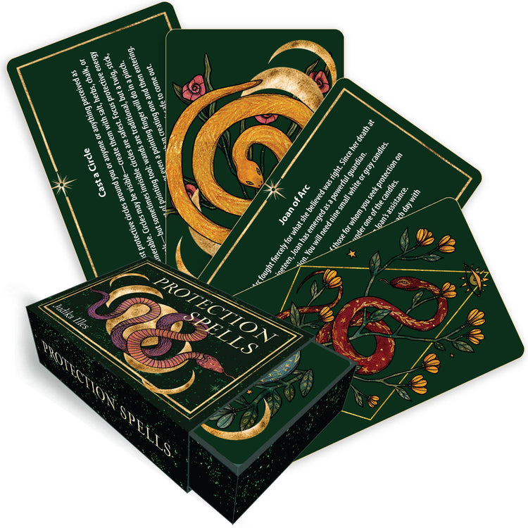 Protection Spells tarot deck with snake and floral artwork on dark green cards