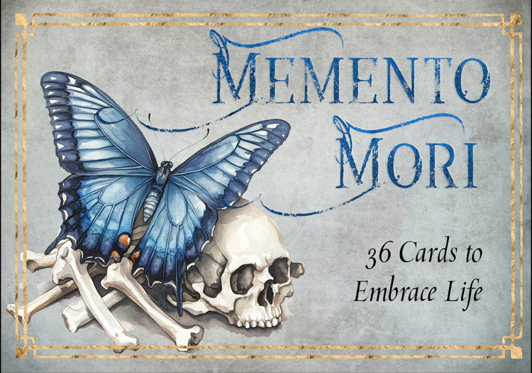 Memento Mori tarot card box with blue butterfly, skull, and crossed bones, metaphysical deck