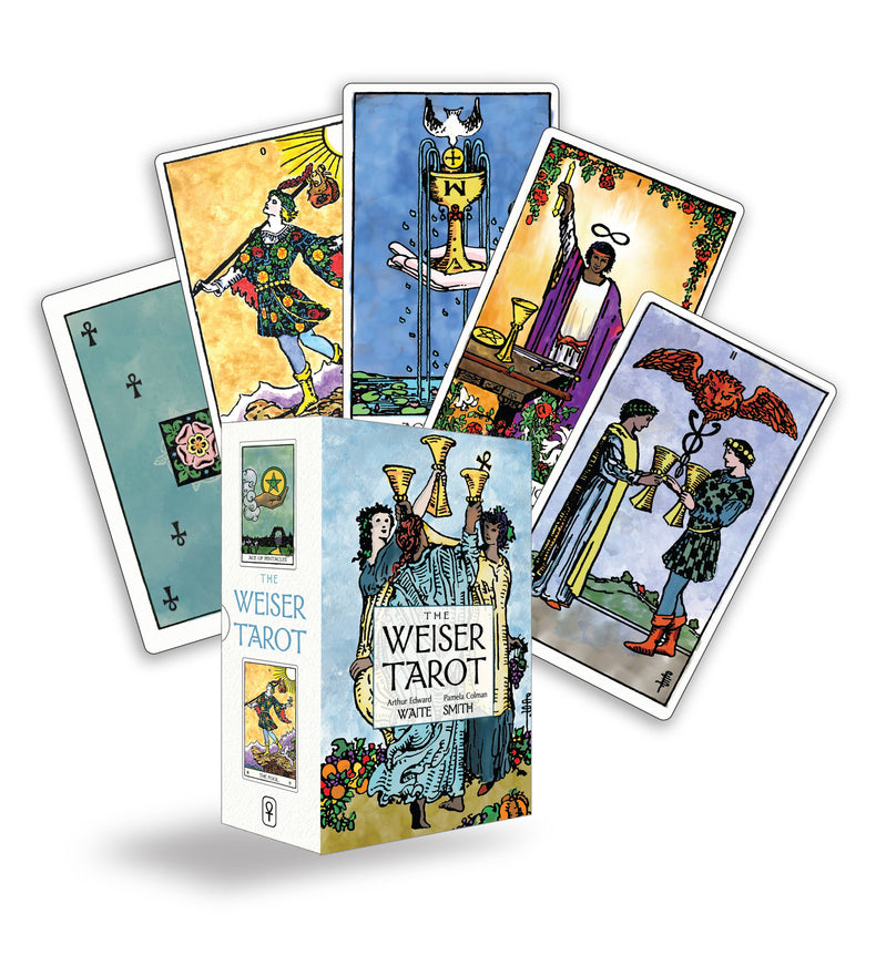 The Weiser Tarot deck box with illustrated tarot cards fanned out, featuring colorful designs.