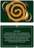 Tarot card with golden snake, crescent moons, roses, and 'Cast a Circle' protective ritual instructions