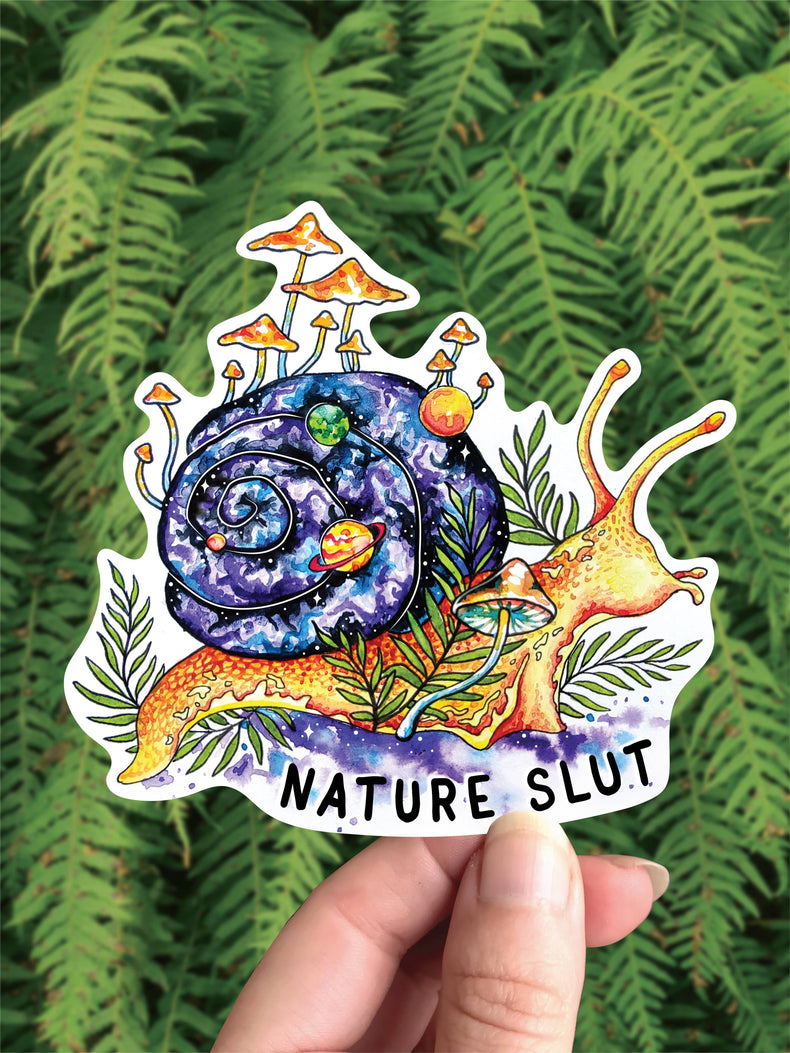 Nature Slut vinyl sticker, a snail with a galaxy shell among mushrooms