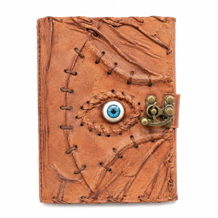 Handcrafted leather journal with blue eye charm, braided details, and brass clasp for spiritual journaling