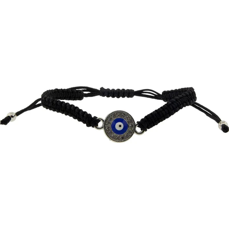 Adjustable Bracelet Black - Evil Eye w/ Gems Silver