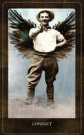 Vintage cowboy with dark wings pointing forward, tarot card labeled conflict