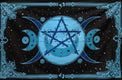 Decorative mat with blue pentagram and moon designs on a black background