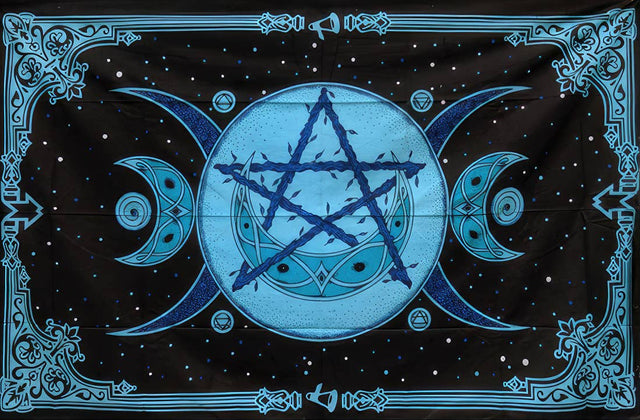 Decorative mat with blue pentagram and moon designs on a black background