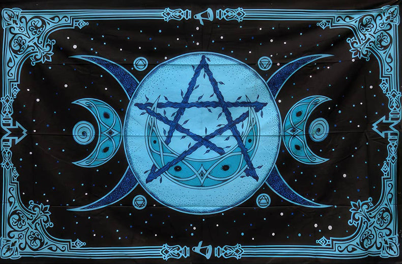Decorative mat with blue pentagram and moon designs on a black background