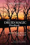 The Druid Magic Handbook book cover with sunset, leafless trees and reflection on water.