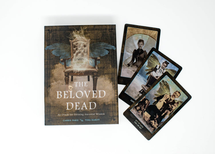 The Beloved Dead oracle deck box with three vintage-style tarot cards on white background