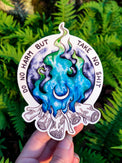 Do No Harm But Take No Shit vinyl sticker, a blue flame over a crescent moon and mushrooms