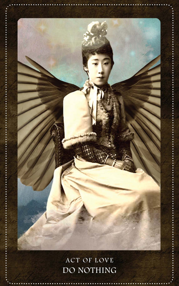 Vintage-style tarot card featuring a woman with angel wings, soft clouds, and text 'Act of Love Do Nothing'.