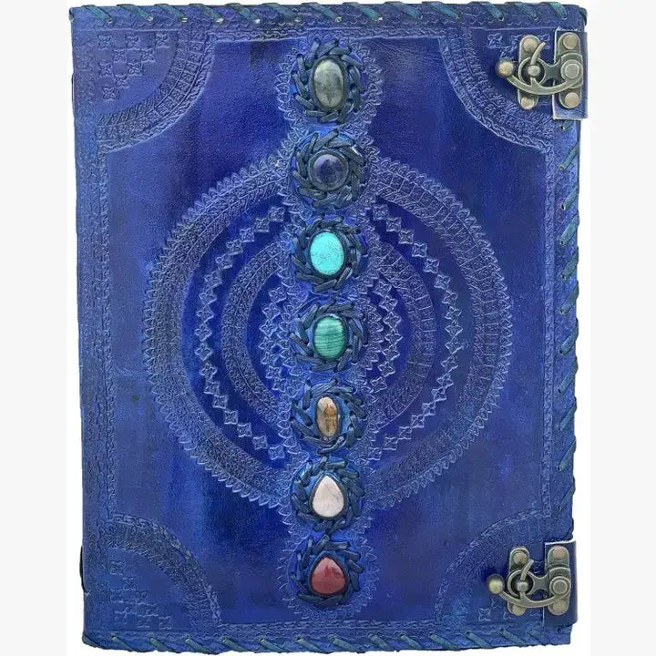 Handmade Vintage Seven Chakra Stone Embossed Diary: Blue / 10 x 7 inch / Unlined