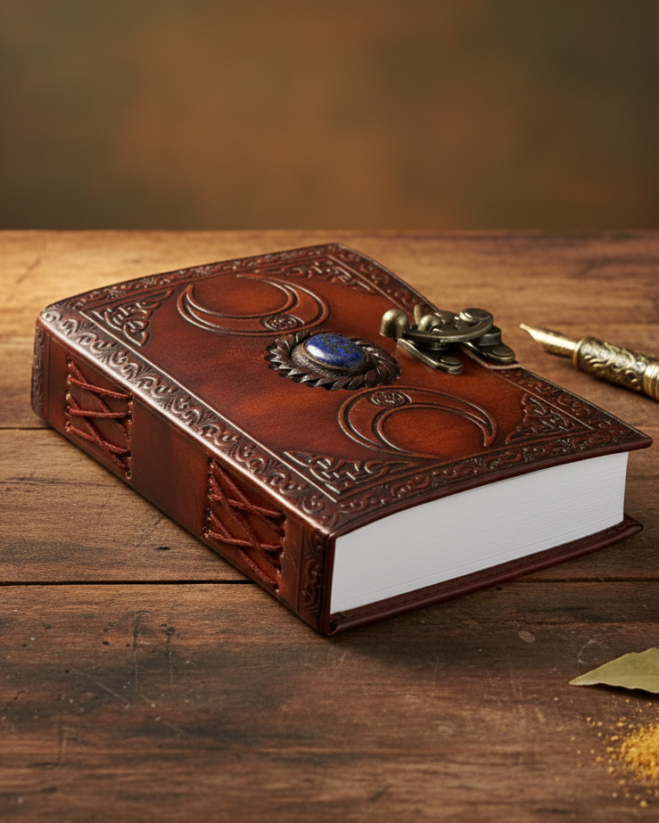 Leather-bound journal with triple moon embossing, lapis lazuli gem, and metal clasp for spiritual writing