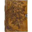 Embossed brown leather journal with Celtic tree of life design and metal clasp
