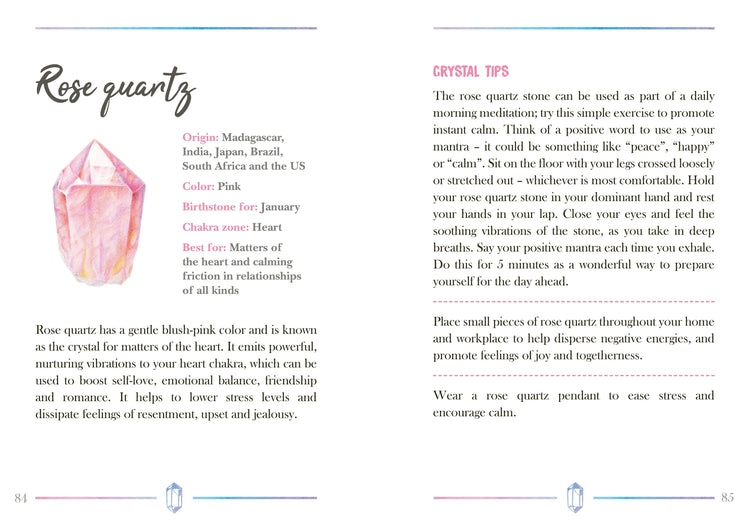 Rose quartz illustrated in blush pink, with text on origins, properties, and meditation tips for emotional healing.