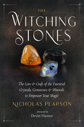 Book cover with orange, black, and blue crystals, titled 'The Witching Stones'.